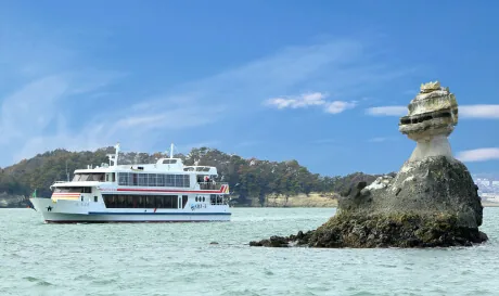 Islotes cubiertos de pinos vistos desde un crucero en la bahía de Matsushima