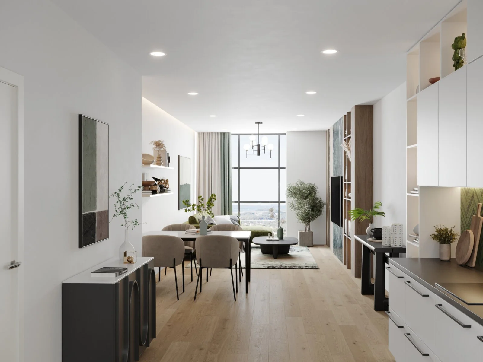 Interior de una vivienda luminosa con comedor y cocina abierta / Bright home interior with an open kitchen and dining area.