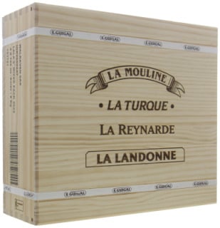 Caja de madera con los nombres de cuatro vinos de La Mouline, La Turque, La Reynarde y La Landonne / Wooden case labeled with four wines: La Mouline, La Turque, La Reynarde, and La Landonne.