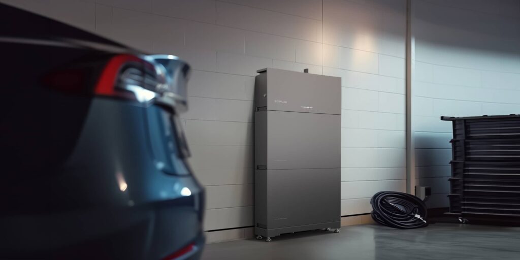 Sistema doméstico de almacenamiento de energía junto a un vehículo eléctrico / Home energy storage system beside an electric vehicle.