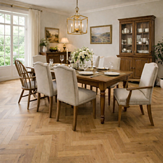Piso de madera con patrón de espiga en un comedor / Herringbone wood floor in a dining room.