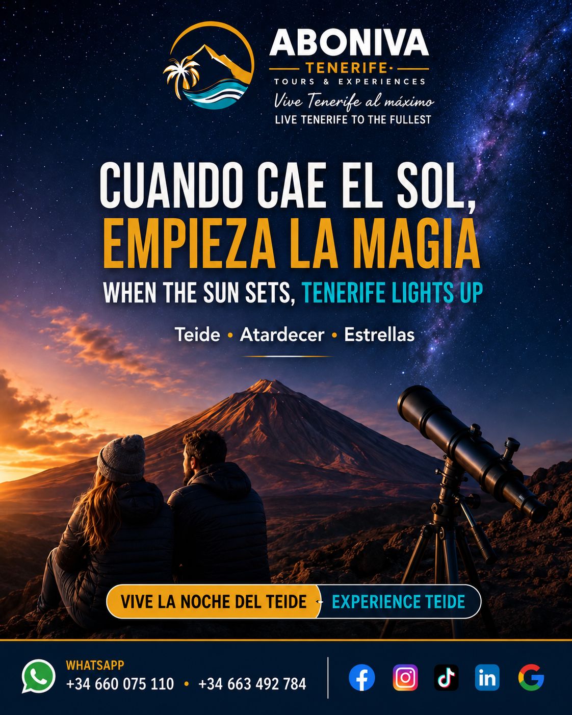 Imagen promocional de ABONIVA de una salida al atardecer y observación del cielo en Tenerife