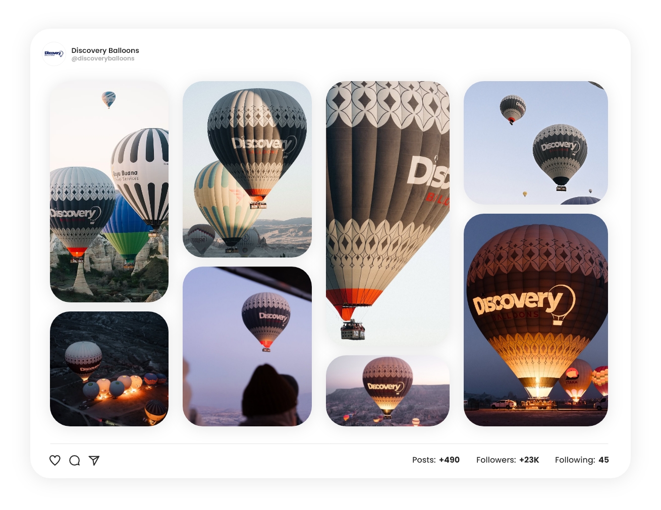 Collage de opciones de vuelo y globos presentado por Discovery Balloons