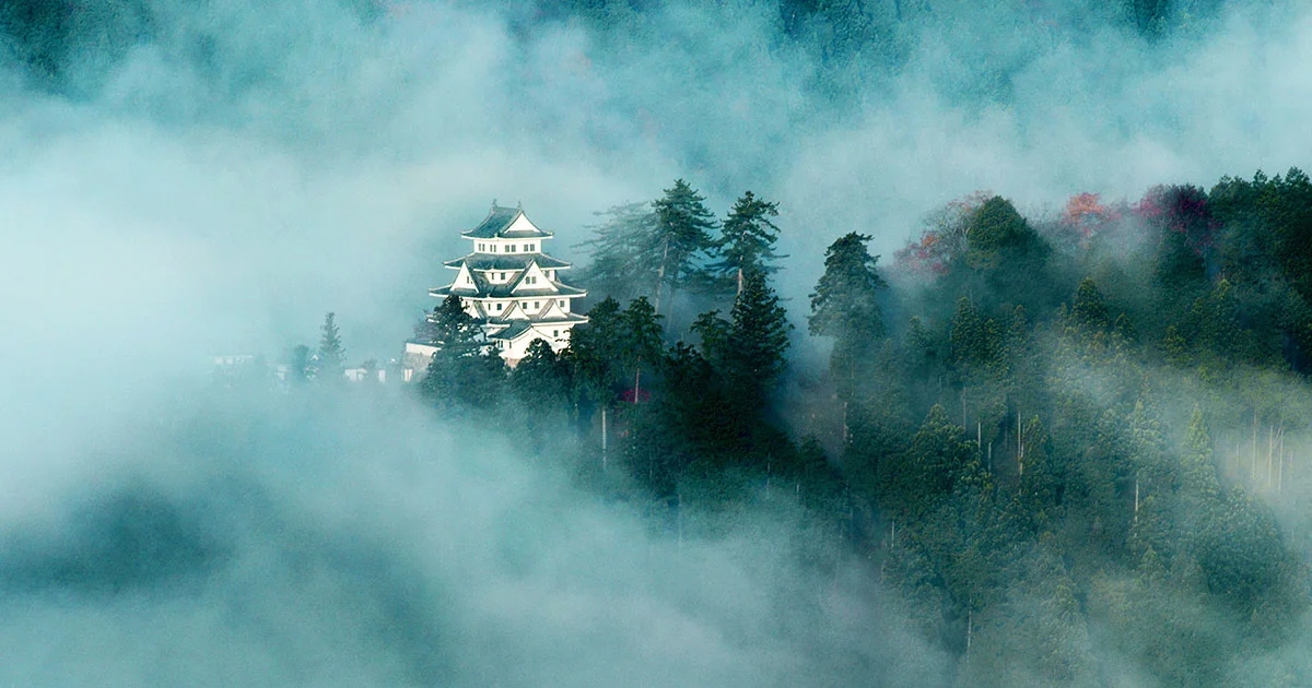 El castillo de Gujo Hachiman sobre la colina arbolada de Shiroyama
