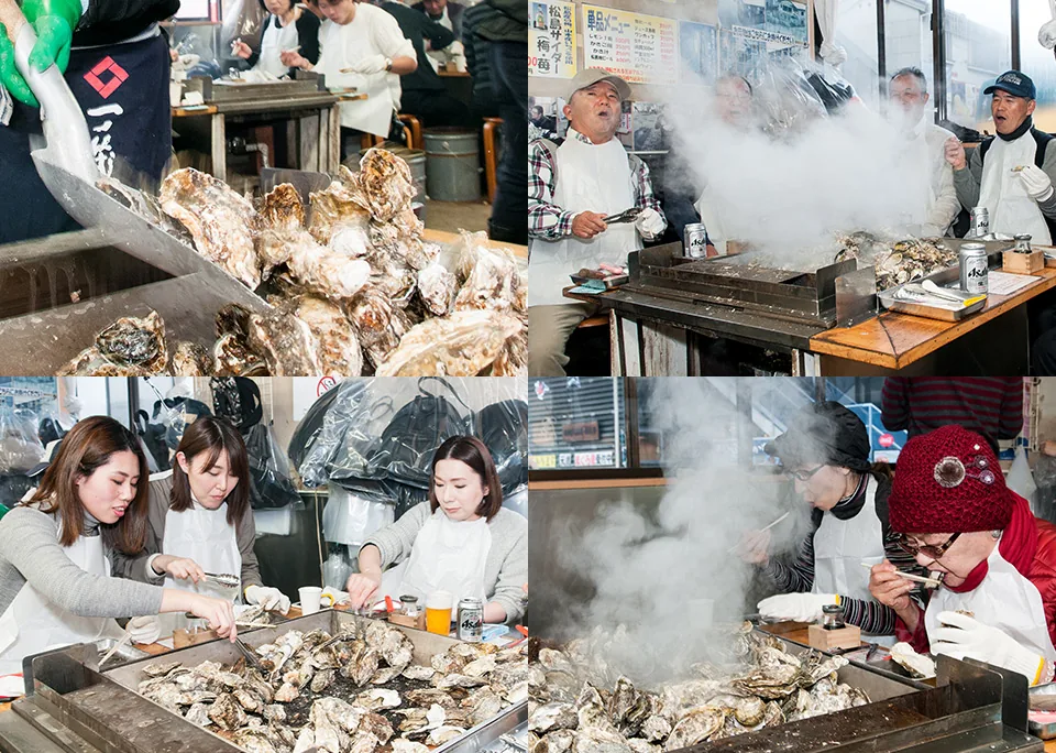 Ostras al vapor de Yakigaki House en el mercado de Matsushima
