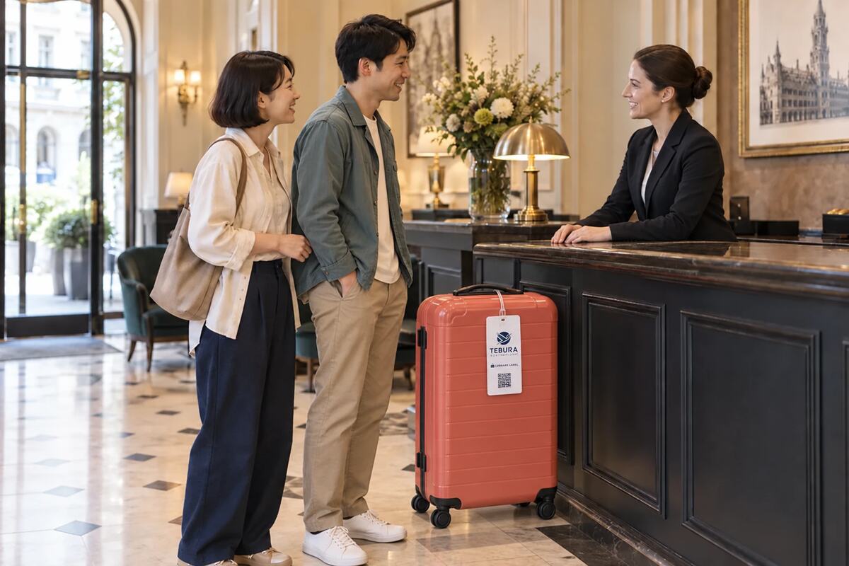 Entrega ilustrativa de una maleta en la recepción de un hotel para Tebura