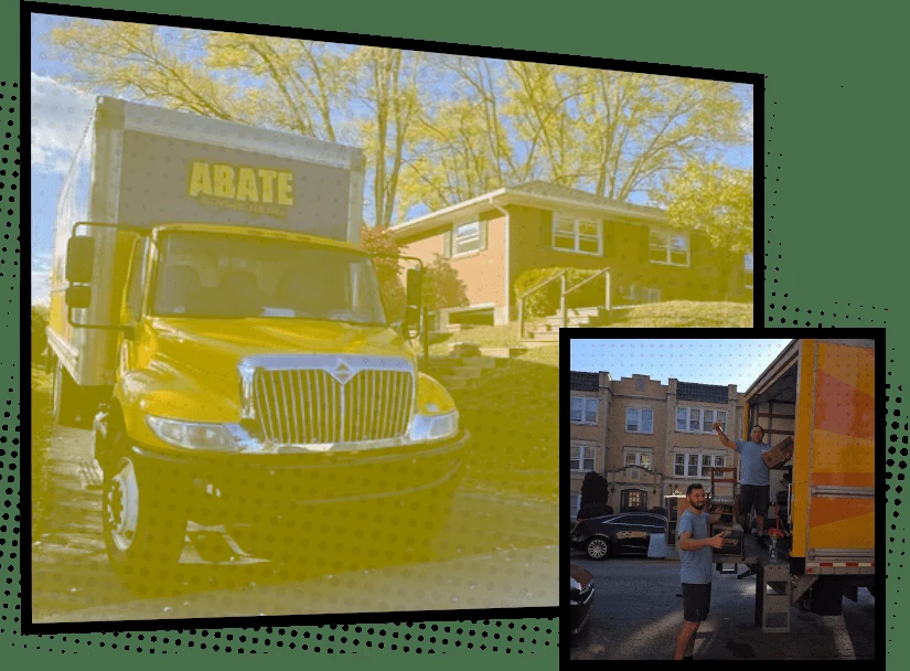 Yellow Abate Moving truck outside houses, official company photo.