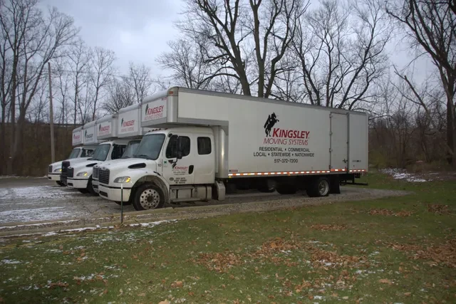Dos camiones blancos de mudanzas de la empresa | Two white company moving trucks