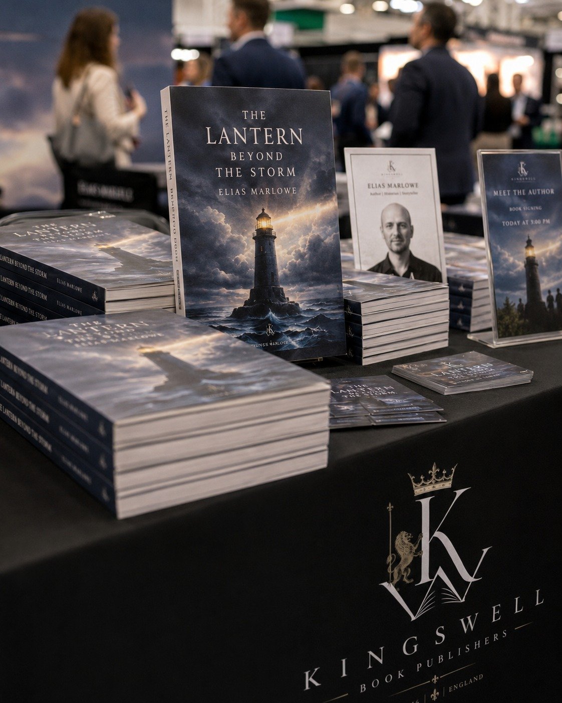 Libros de Kingswell exhibidos en un puesto de feria.