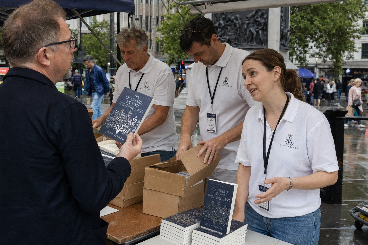 Equipo de Kingswell conversa con una persona lectora en una feria.