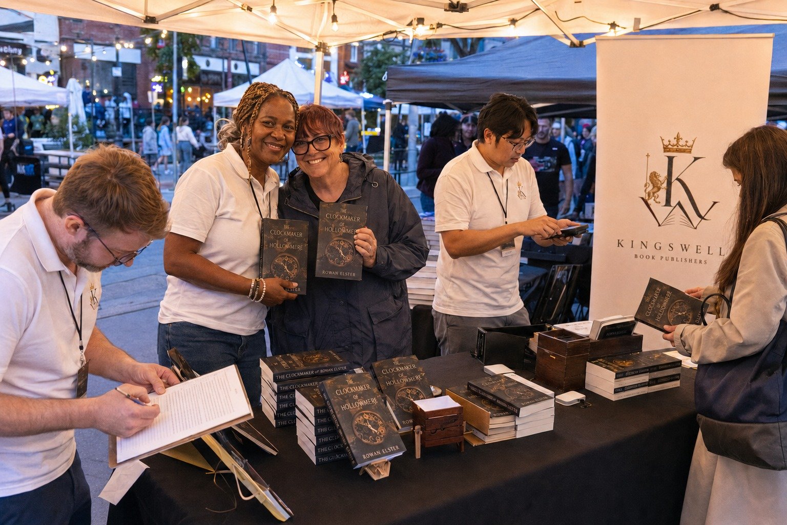 Equipo de Kingswell participa en una feria de libros.