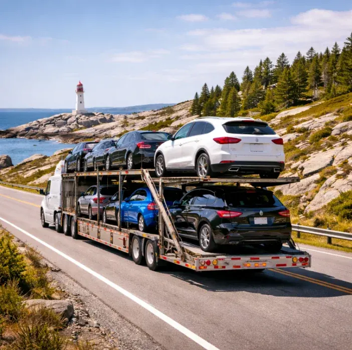 Automóviles cargados en un camión portavehículos que circula por una carretera.