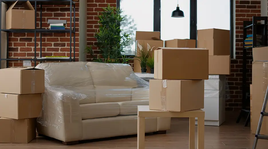 Sala de estar con muebles y cajas preparadas para una mudanza / Living room furniture and boxes prepared for a move.