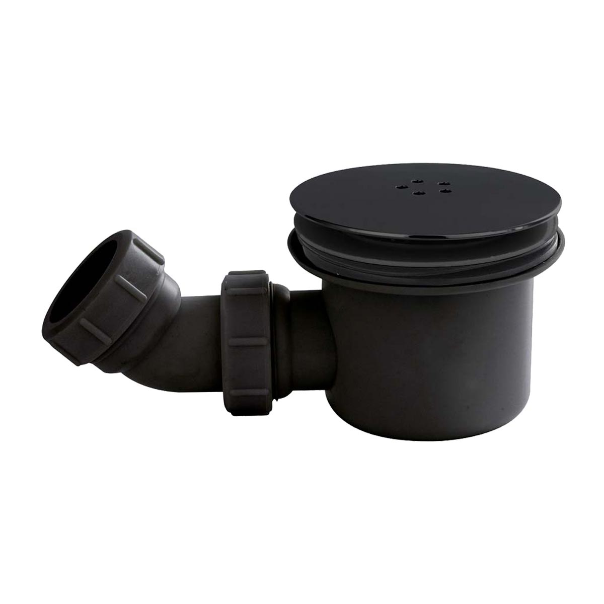 Desagüe y sifón negros para ducha / Black shower drain and trap.