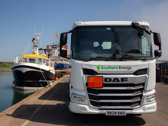 Southern Energy fuel truck beside a marina