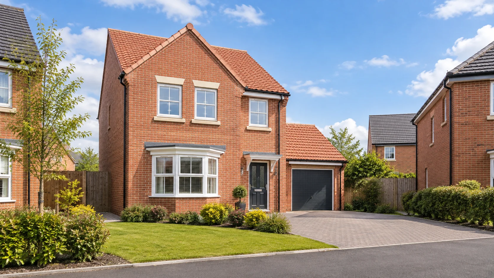 Exterior of a brick home shown in Whittaker Property Group imagery / Exterior de una vivienda de ladrillo en una imagen de Whittaker Property Group