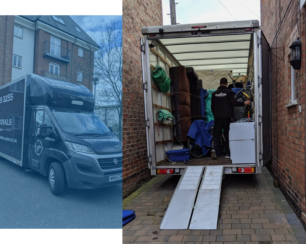 Furgoneta de City Removals East Midlands frente a una vivienda / City Removals East Midlands moving van outside a home