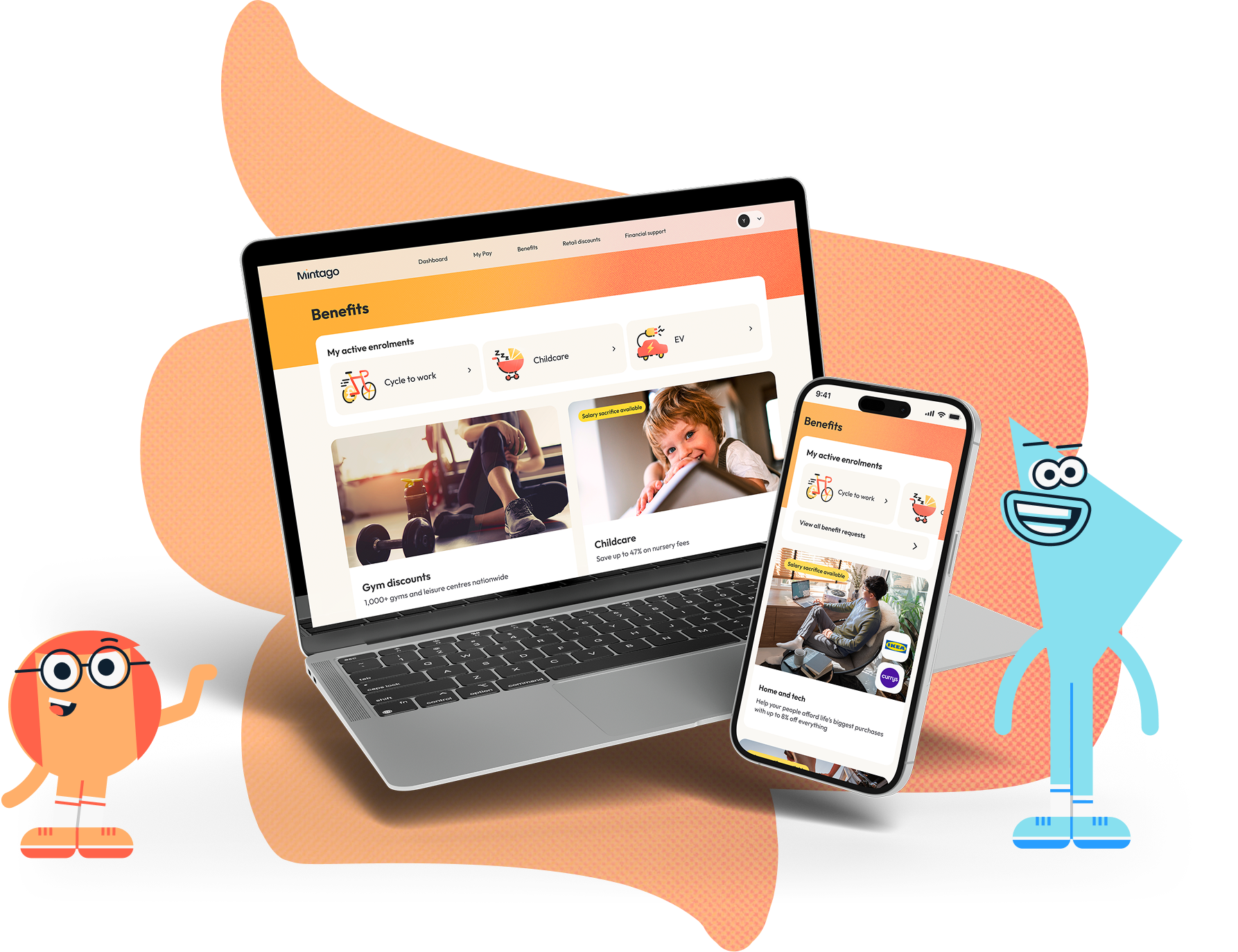 Paneles de beneficios laborales en la computadora y el teléfono de Mintago / Mintago workplace-benefits portal on a laptop and phone