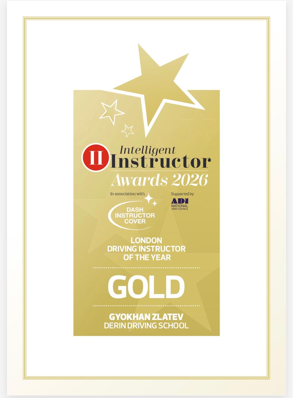 Reconocimiento Intelligent Instructor Award 2024 asociado a Derin Driving School