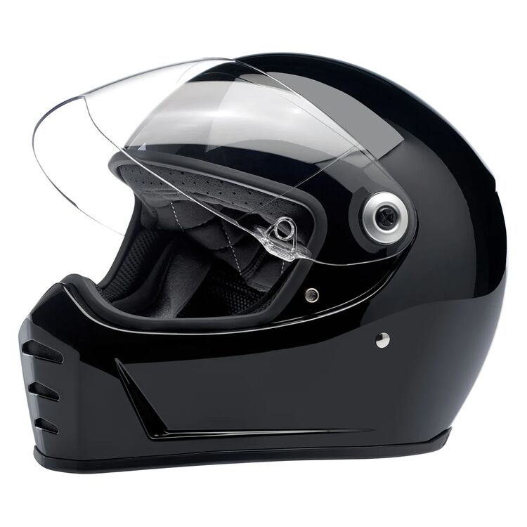 Black full-face motorcycle helmet with a clear visor.