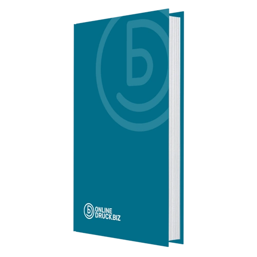 Muestra de libro de tapa dura impreso por Online-Druck.biz con cubierta azul.