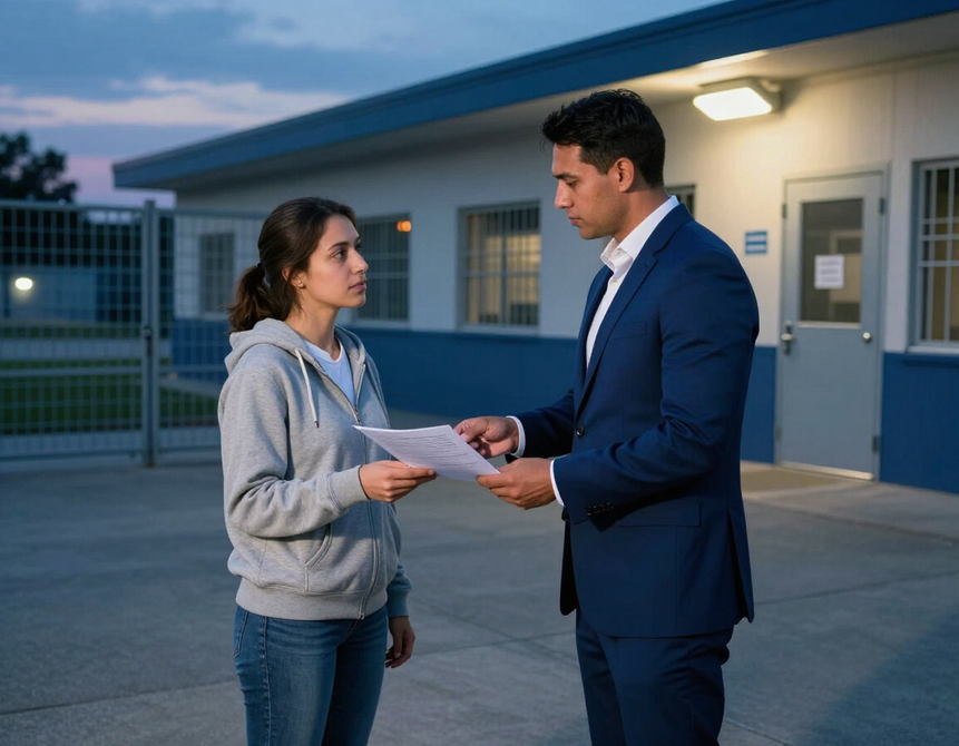 Bail bond agent discussing paperwork with a client