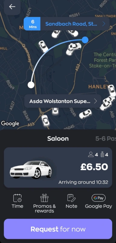 Pantalla de la aplicación móvil para reservar viajes de Magnum Taxis / Screen from the Magnum Taxis mobile booking app