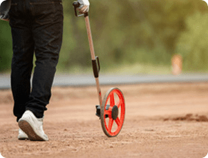 Trabajador mide una superficie exterior con una rueda de medición / A worker measures an outdoor surface with a measuring wheel