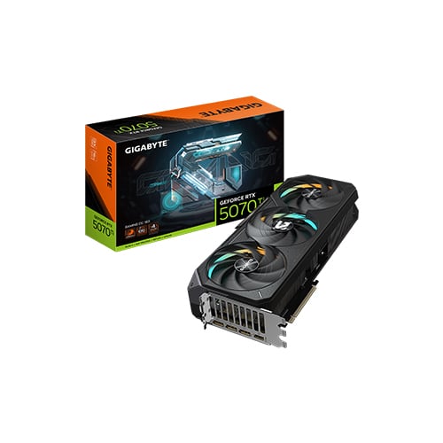Tarjeta gráfica Gigabyte GeForce RTX 5070 con su caja / Gigabyte GeForce RTX 5070 graphics card with its box