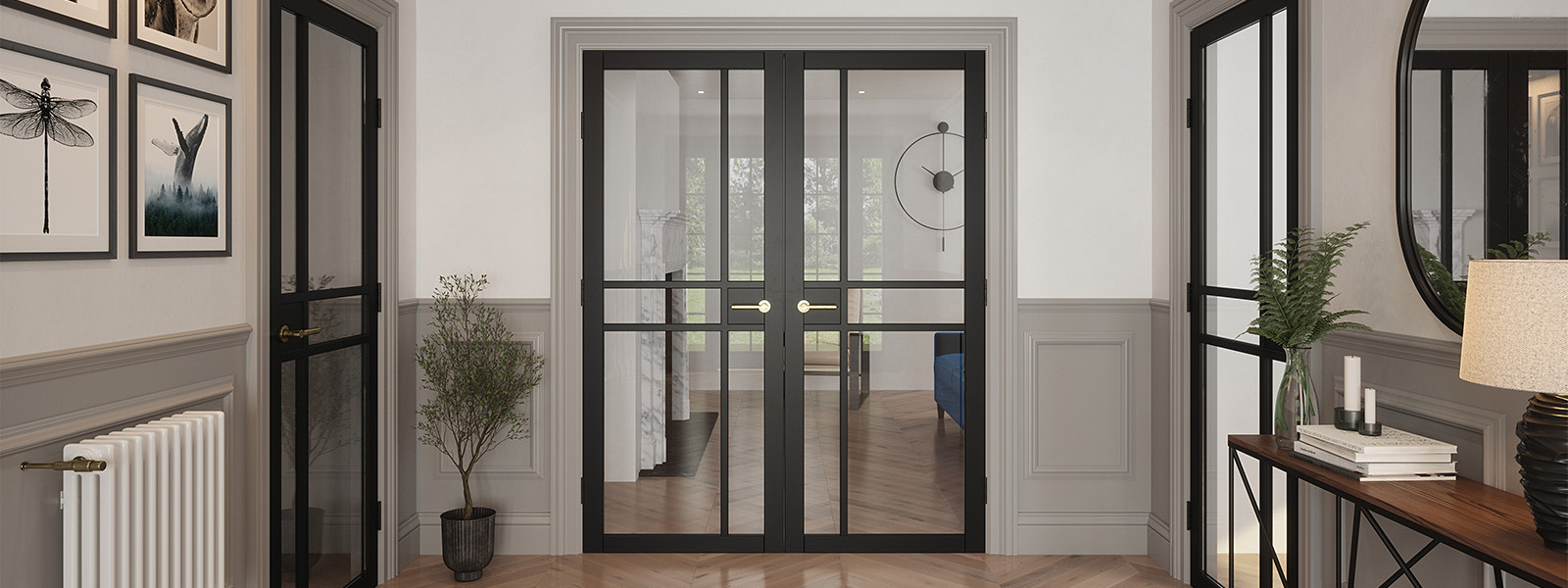 Puertas interiores de marco negro expuestas en un ambiente residencial / Black-framed interior doors displayed in a residential setting