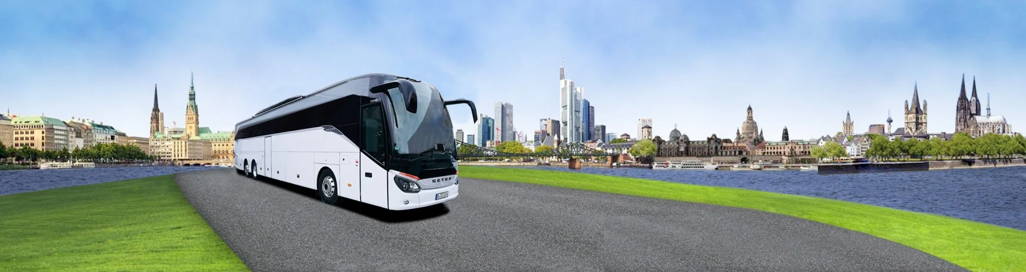 A BCS charter coach pictured against a European city skyline.