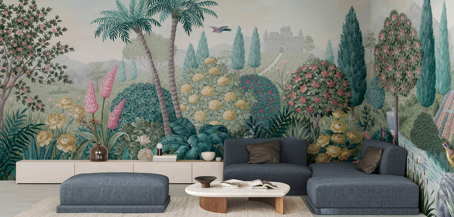 Living room with a botanical wall mural by Photowall.