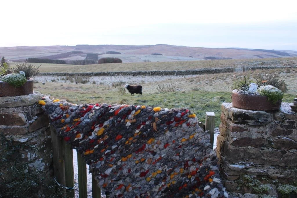 A wool blanket draped over a stone wall in a sheep pasture.