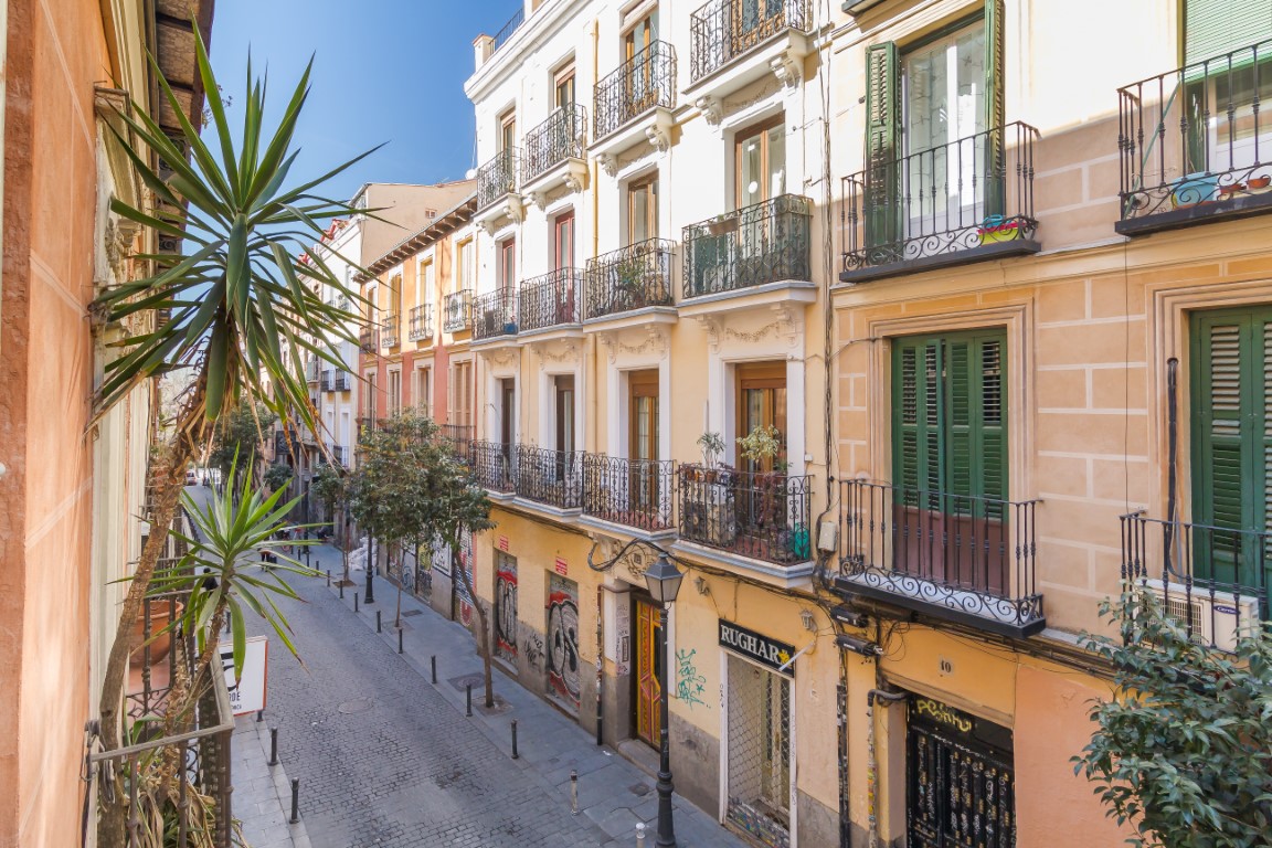 Residential street in Madrid with balconies and street trees.