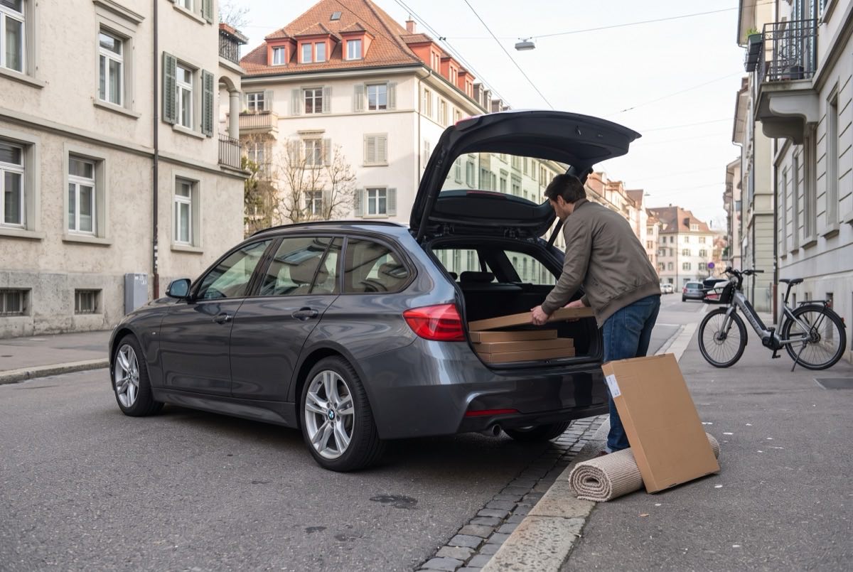 Customer loading luggage into a rental car in Zurich
