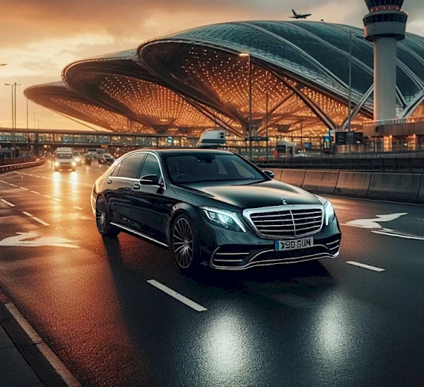 Black executive sedan outside an airport terminal at dusk.