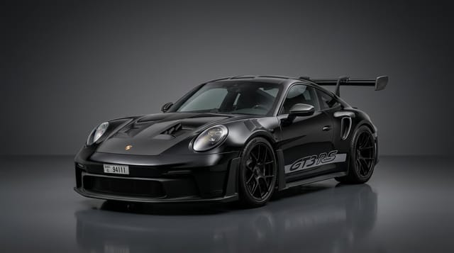 A black sports car displayed in a studio setting.