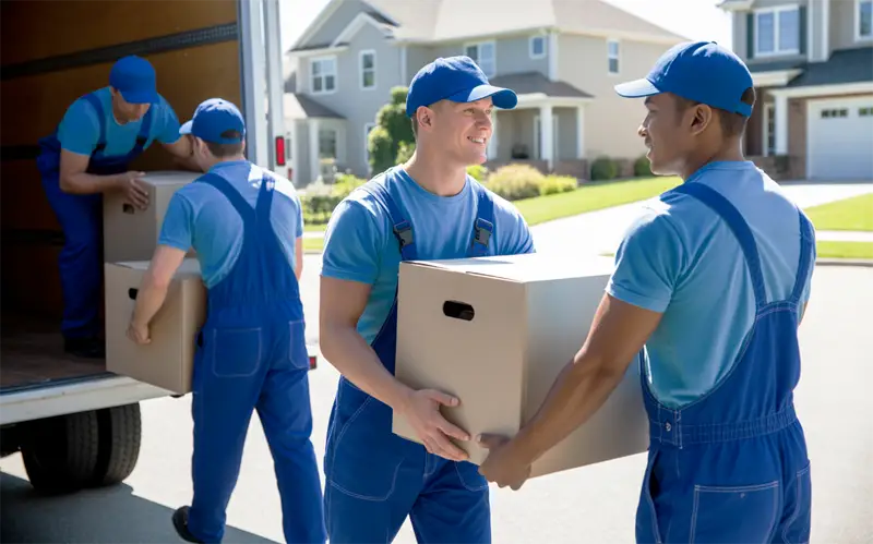 A moving crew carries a box from a truck toward a home