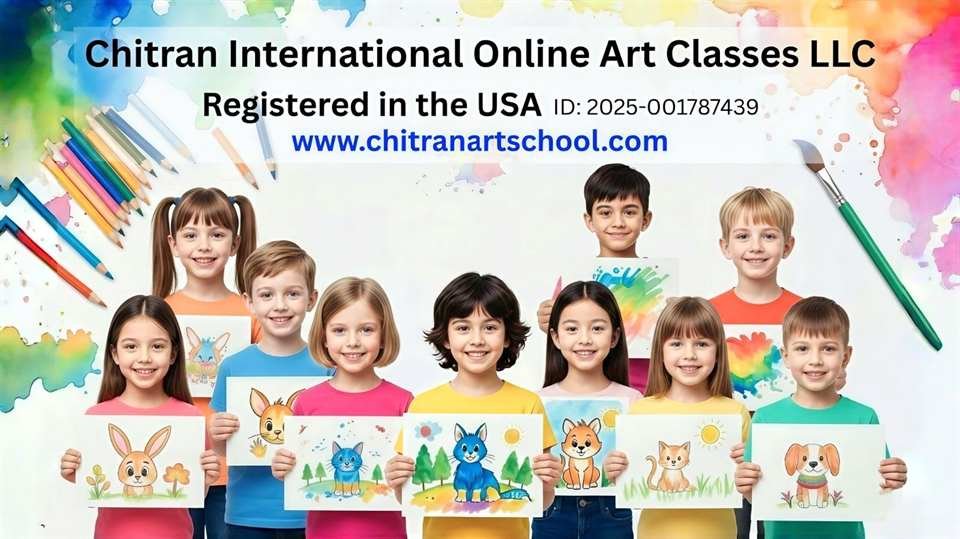 Children display drawings in a Chitran online art-class promotional image
