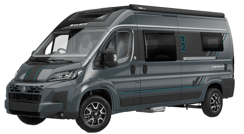 A gray campervan shown from the front