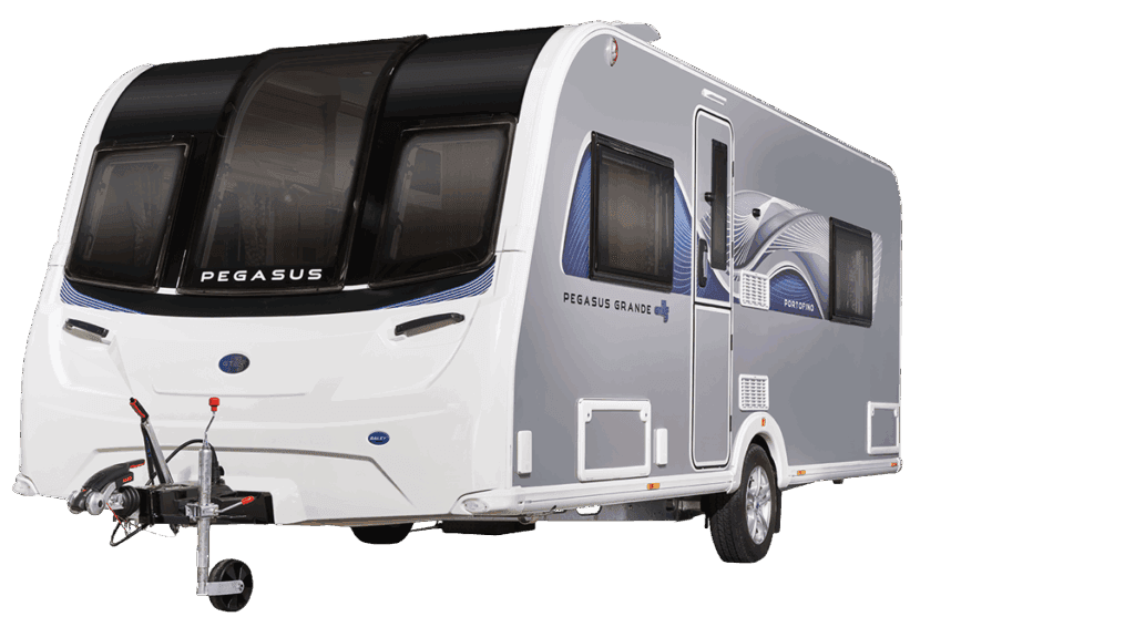 A white touring caravan displayed from the front and side