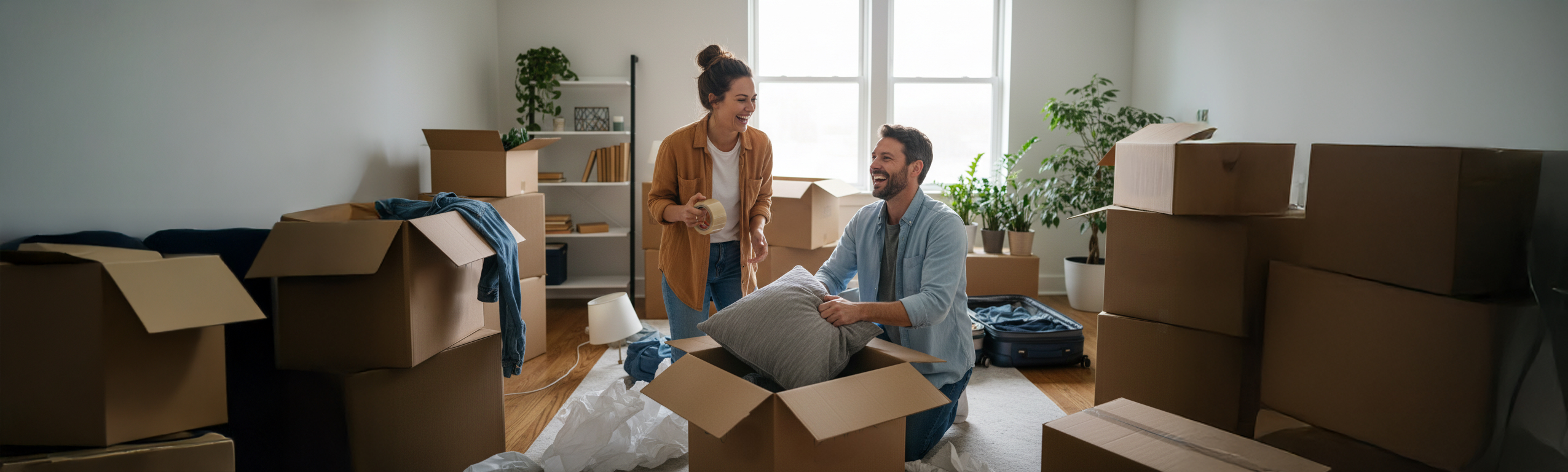People packing cardboard boxes inside a storage space