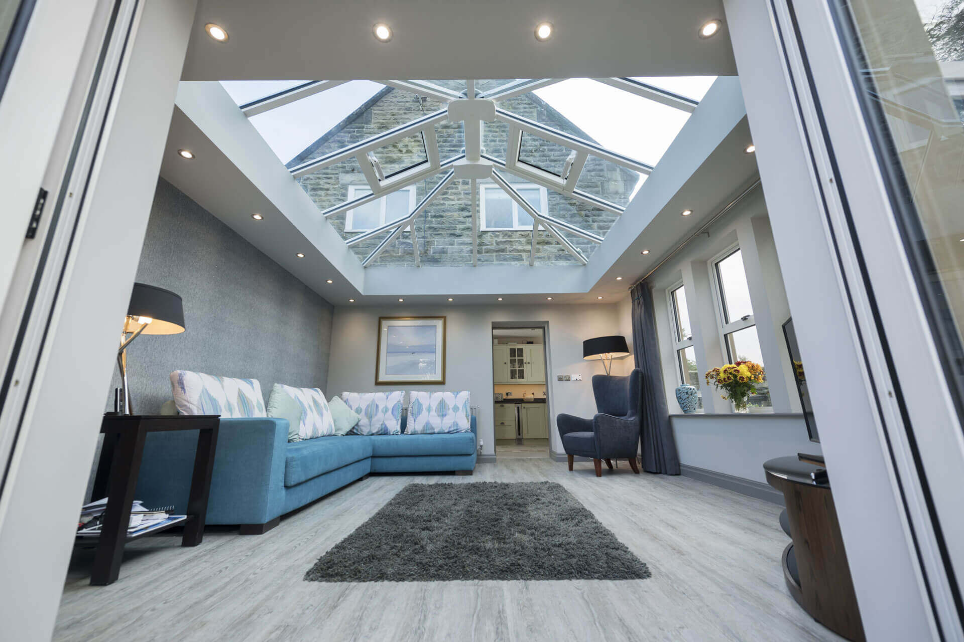 Interior of a conservatory with a glass roof