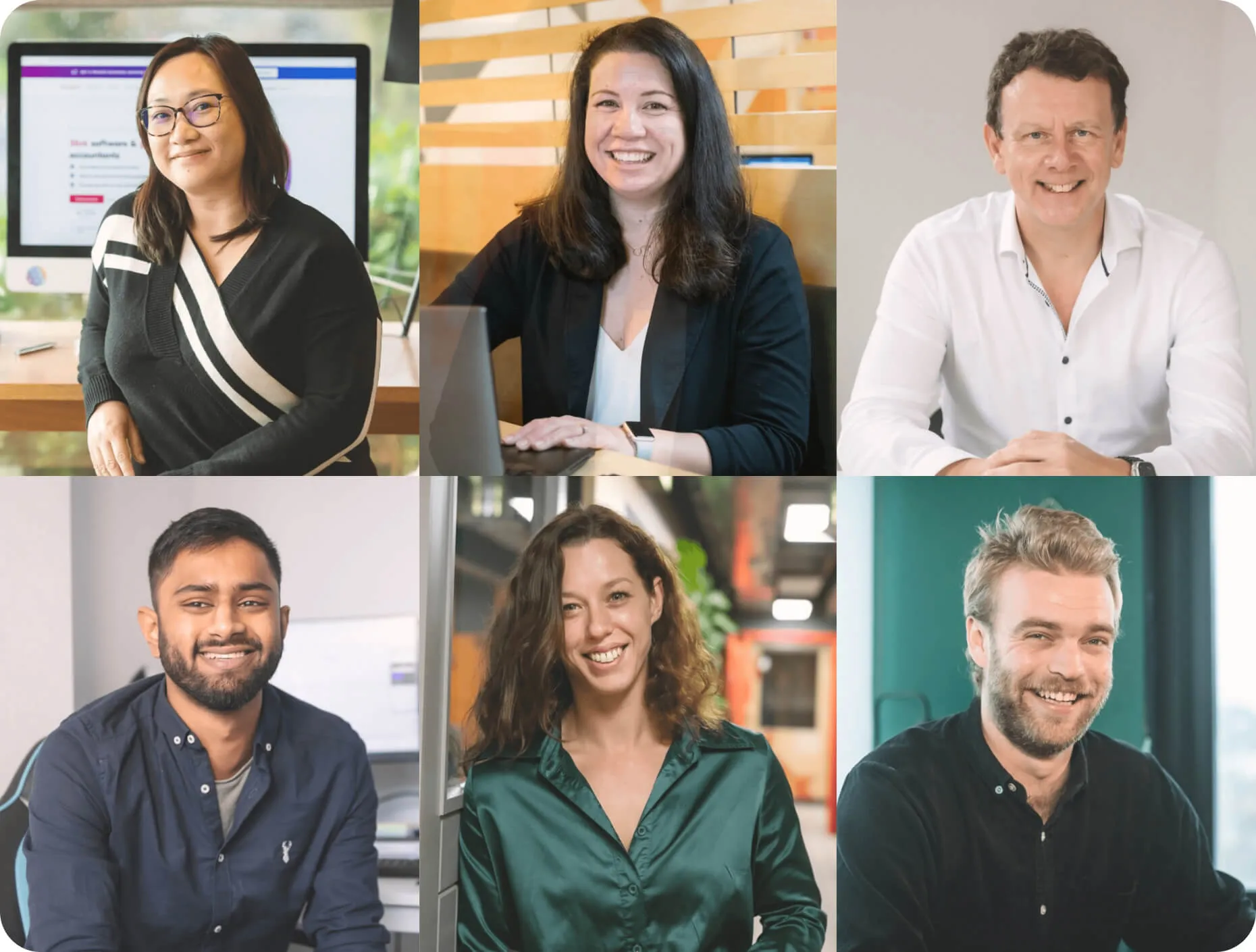 Retratos de integrantes del equipo de Crunch en una composición de seis imágenes.