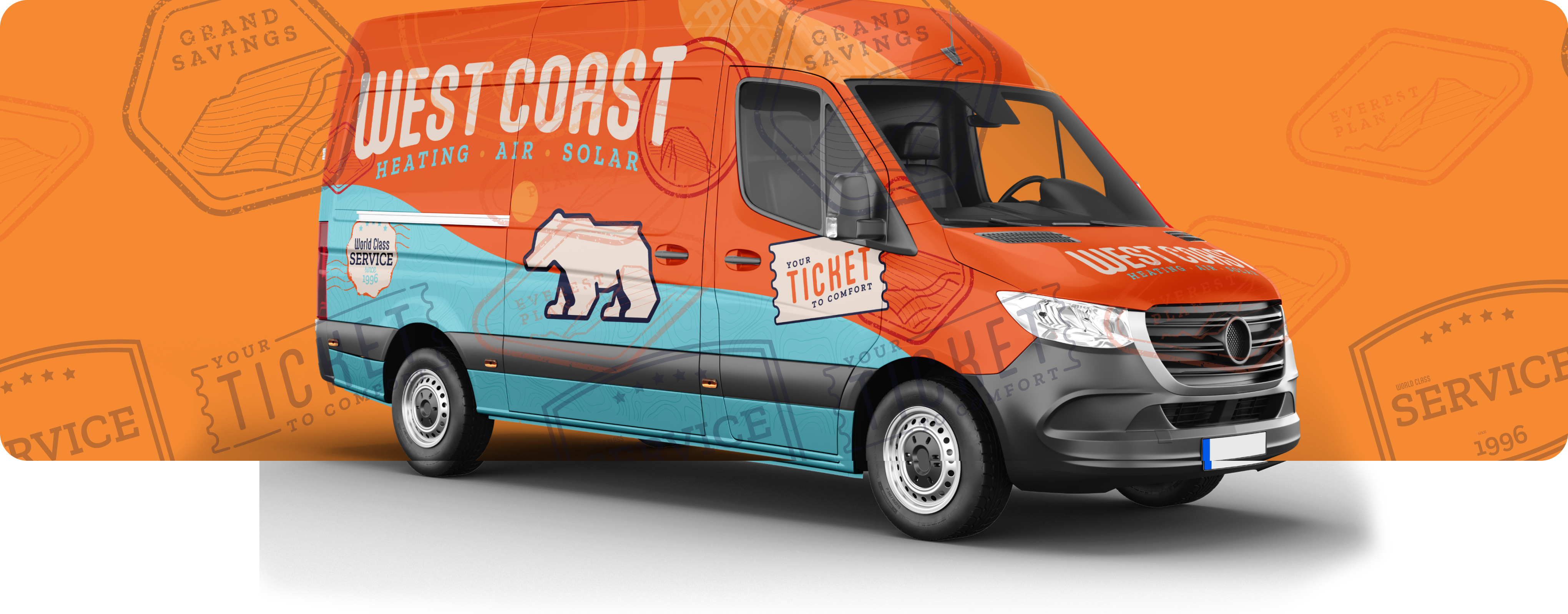 Furgoneta naranja y azul rotulada con la identidad de West Coast Heating Air Solar & Plumbing.