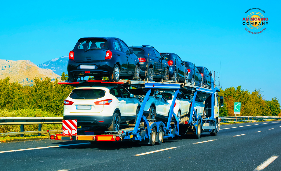 Camión transportador de automóviles con la marca AM Moving Company. Imagen seleccionada por su relación directa con los servicios o productos del negocio.