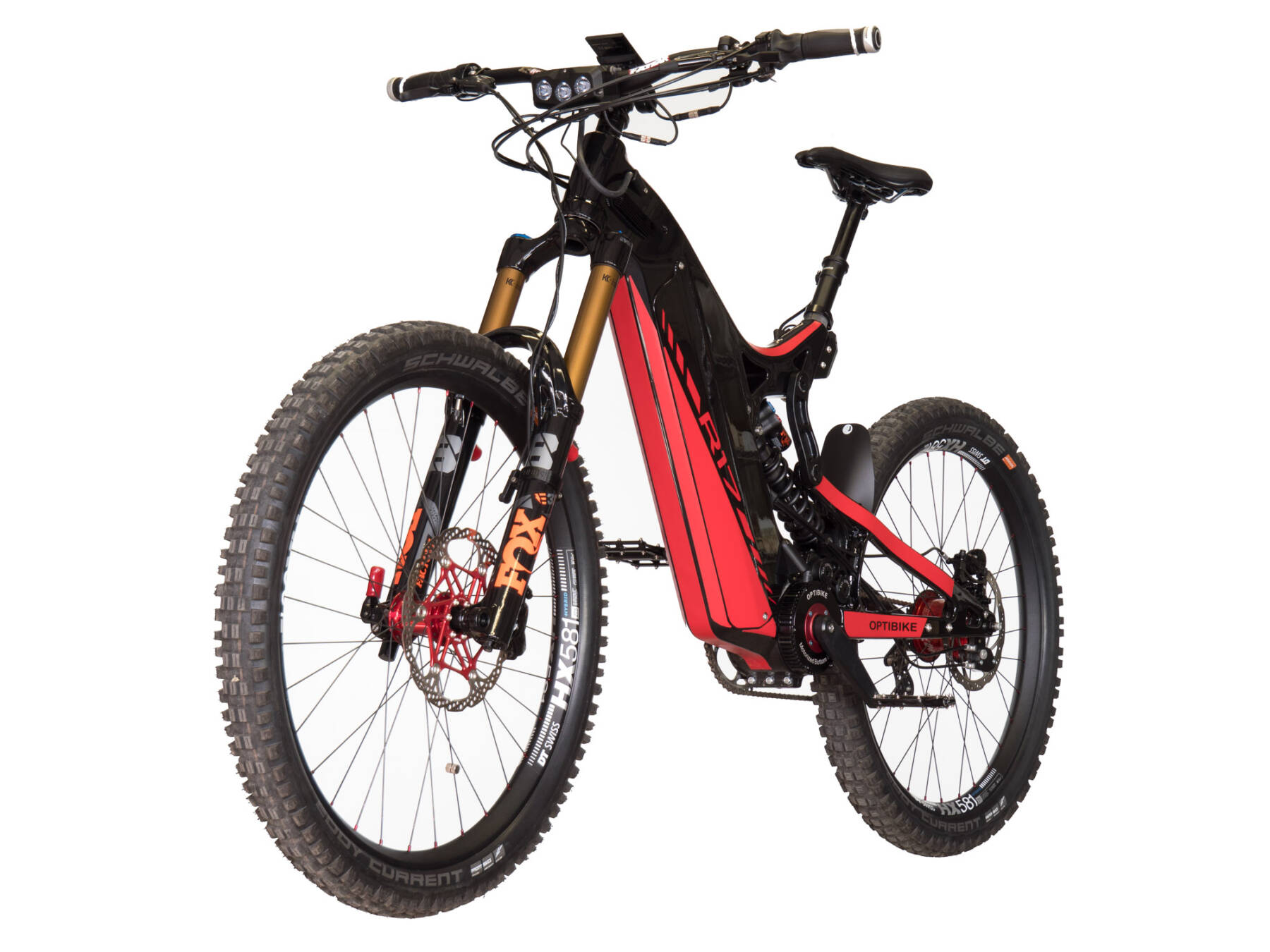 Bicicleta eléctrica Optibike de montaña mostrada de perfil, con cuadro rojo y batería integrada.