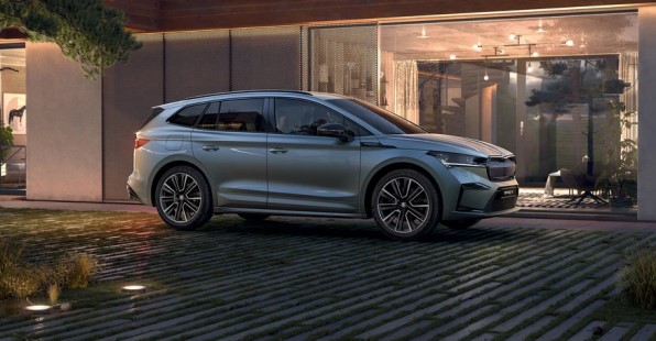 Gray ŠKODA car displayed at a dealership.