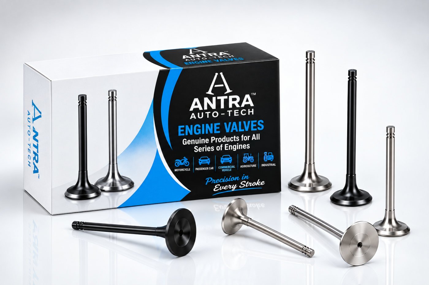 Válvulas de motor Antra presentadas con su empaque de venta. / Antra engine valves shown with their retail packaging.