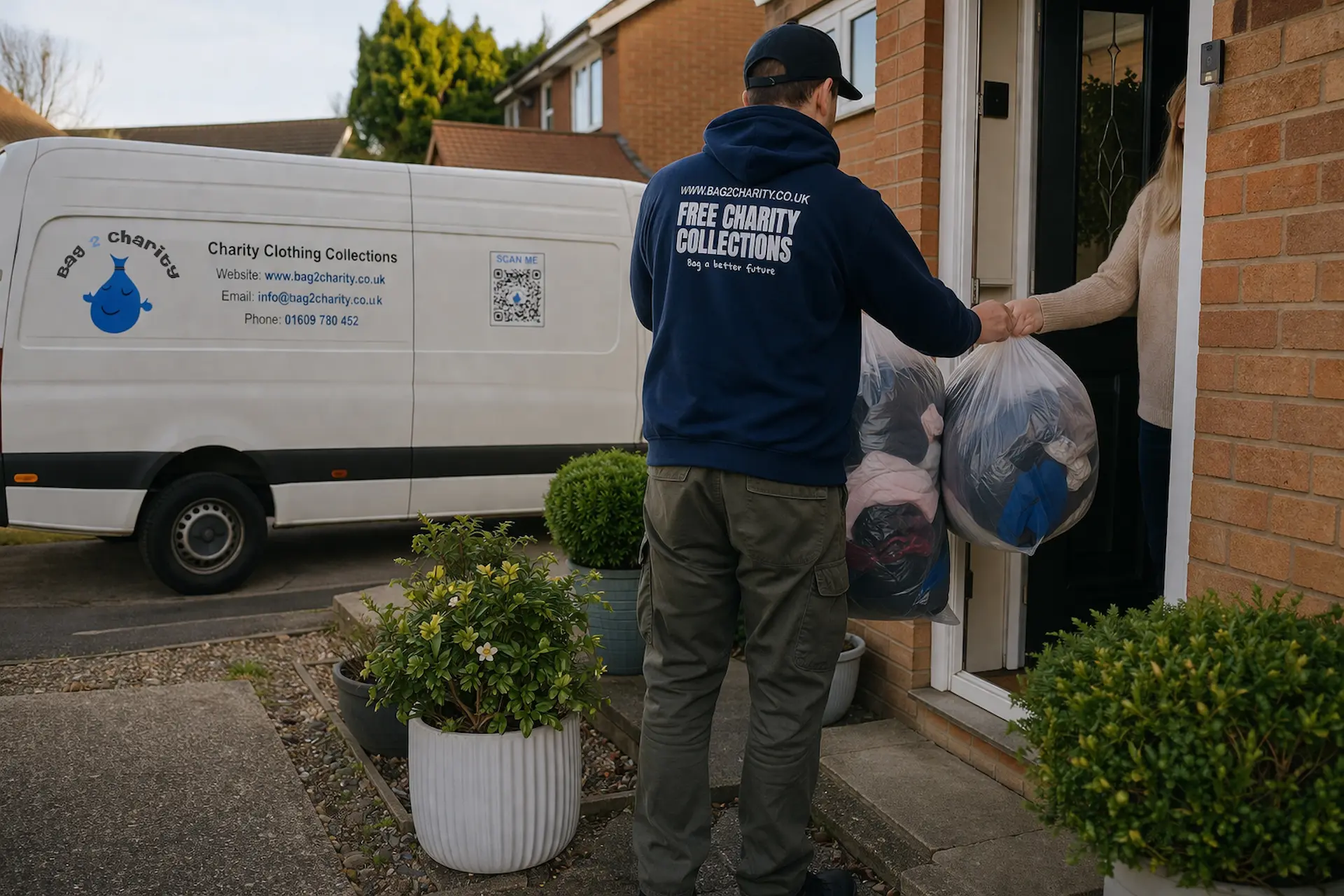 Repartidor recoge una bolsa de ropa en la puerta de una vivienda. / A driver collects a bag of clothing from a home.